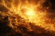 A bright yellow sun is surrounded by a cloud of fire