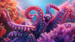 © MistoGraphy - A focused octopus tentacle gently swaying in the ocean depths, with vibrant hues contrasting against a softly blurred coral reef background