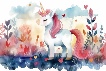 Watercolor illustration in pink tones of a fairytale pink unicorn