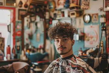 Wall Mural - A man with curly hair sits in a barber chair in a barbershop