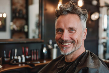 Wall Mural - A man with a beard and gray hair is sitting in a chair in a barbershop