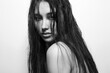 beautiful girl with wet hair. young woman black and white Portrait