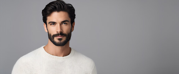 Photo of an attractive man wearing a white sweater against a solid grey background. Generative AI