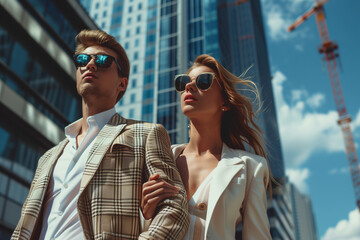 Wall Mural - Fashionable luxury couple in the city, copy space of bride and groom with sunglasses in a city with cranes and skyscrapers