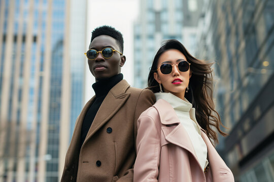 Interracial fashionable luxury interracial couple in the city, copy space of an African-American man and a Korean woman, stylish bride and groom on a high-street shopping street