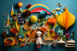 3d illustration of colorful paper cut style background with children and toys
