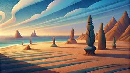 Poster - A peaceful beach setting with sculptures in the sand their elongated shadows stretching towards the water.