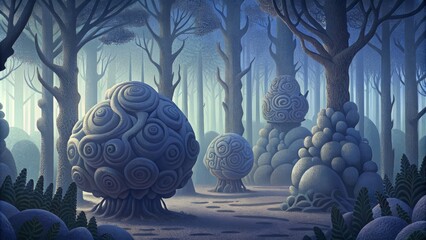 Poster - A moody forest clearing where intricate organic sculptures blend seamlessly with the shadows of the trees.