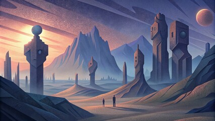 Poster - An otherworldly landscape of towering monolithic sculptures casting long distorted shadows in the dim light.