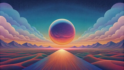 Poster - The convergence of the virtual and the real as a digital horizon emerges from a gradient sky in a surreal composition.