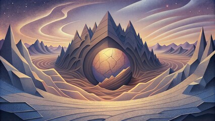 Poster - A distorted and fragmented landscape with jagged lines and swirling patterns reflecting the disorienting effects of a sonic pulse.