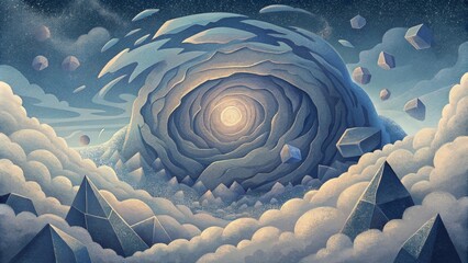 Aufkleber - An otherworldly environment of swirling clouds and fragmented shards evoking a sense of the intensity and force of sonic pulses.