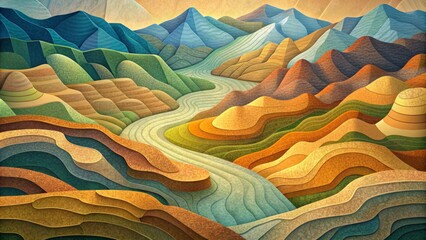 Poster - A mosaic of paper layers that come together to create a topographical landscape resembling a patchwork quilt.