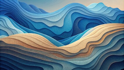 Poster - A series of paper waves and valleys blending together to create a topographical depiction of a coastal region.