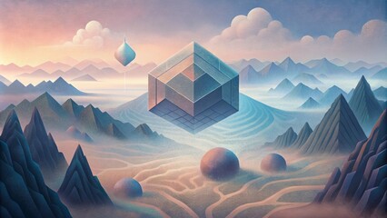 Canvas Print - A surreal landscape filled with geometric fog evoking a sense of disorientation and uncertainty.