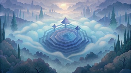 Poster - An ethereal geometric forest hidden within a swirling fog creating a sense of mystery and intrigue.