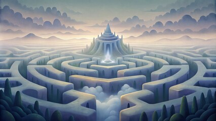 Poster - An abstract depiction of a labyrinthine maze shrouded in a thick blanket of geometric fog.