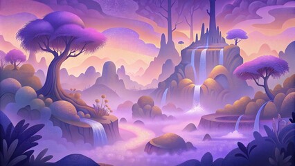 Fototapete - An otherworldly oasis where trees turn to mist and the foliage dances in hues of violet and gold.