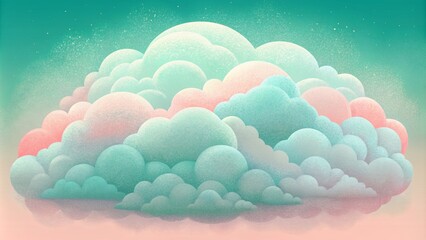 Poster - Soft billowing clouds of pastel pink and mint green giving the illusion of a hazy acidwashed sky.