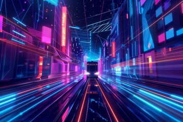 Canvas Print - Neon City Train at Speed in Futuristic Urban Setting