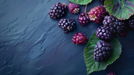 Poster - Blackberries and raspberries with leaves on dark surface