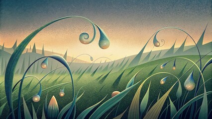 Wall Mural - An abstract landscape of dewdrops on grass the stems and blades appearing to bend and swirl in the droplets reflections.