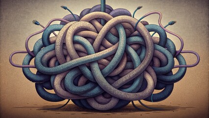 Aufkleber - A chaotic of twisted cords winding and overlapping to create a tangled weblike structure.