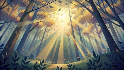 Poster - A delicate network of sun rays breaking through a canopy of leaves creating a dreamy dappled effect on the forest floor.