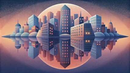 Aufkleber - A mirror image of a cityscape with each building appearing to lean and bend inwards towards the center.