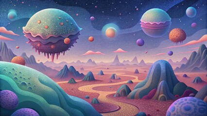Poster - An otherworldly landscape of floating cells and bacteria with vibrant patterns and textures reminiscent of an alien planet.