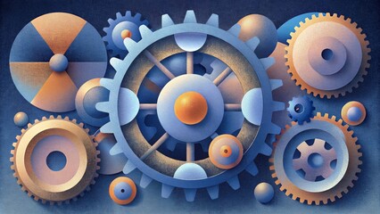 Poster - An abstract representation of a mechanical system with interlocking gears in varying sizes and shapes.