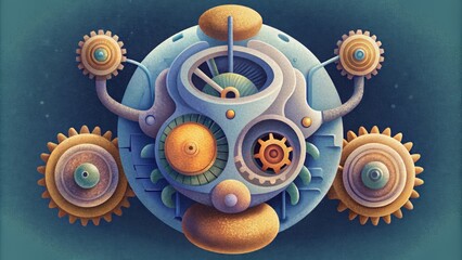 Poster - A digitalized representation of a mechanical organism with interlocking gears and parts functioning as its inner workings.