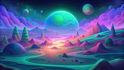 Sticker - An otherworldly landscape with shimmering polychromatic patches of electric pink neon green and sapphire blue.