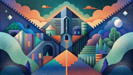 Aufkleber - A collage of abstract shapes and bold colors reminiscent of a gritty urban landscape.