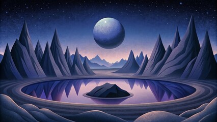 Poster - A surreal scene of tranquil lunar mountains reflected in a still pool of dark mysterious liquid.