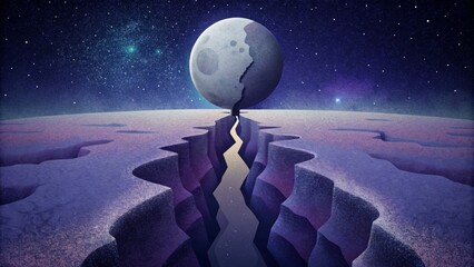 Poster - A stunning composition of light and dark the lunar surface divided by a deep jagged crevice stretching towards the horizon.