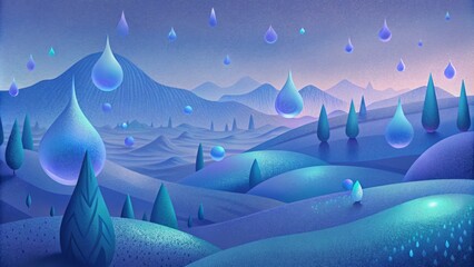 Poster - Softly glowing digital dewdrops tered across a cooltoned landscape creating a serene and dreamlike atmosphere.