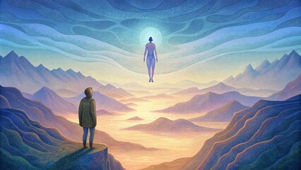 Poster - A person standing on a cliff overlooking a vast landscape with a duplicate version of themselves floating above representing the dual existence