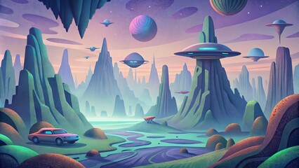 Poster - An otherworldly landscape is filled with hovering cars and holographic billboards all pulsating to the rhythm of retrofuturistic technology.