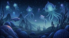 A Peaceful Yet Haunting Scene Of Glowing Creatures Capturing The Beauty And Mystery Of The Bioluminescent Depths.