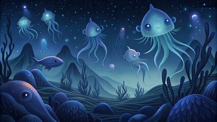 Aufkleber - A peaceful yet haunting scene of glowing creatures capturing the beauty and mystery of the bioluminescent depths.