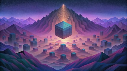 Poster - A digital landscape of pixelated squares constantly morphing and shifting in a digital spectral shift.