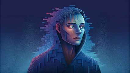Poster - A glitched portrait of a person transforms into a pixelated storm of fragmented data.