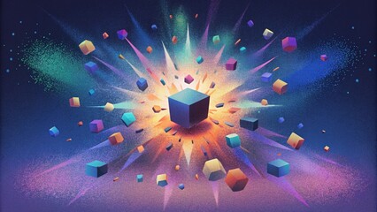 Poster - A digital explosion of fragmented images bursts forth engulfing the screen in a swarm of colorful pixels.