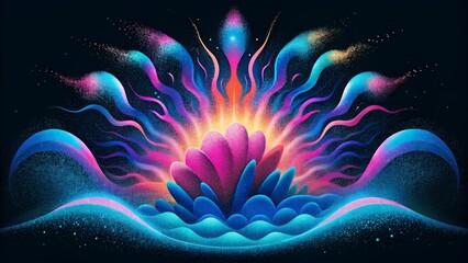 Poster - An abstract explosion of neon retro waves crashing against a black background.