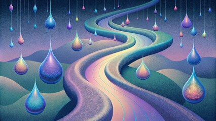 Poster - Prismatic droplets cascading down leaving a trail of shimmering paths behind them.