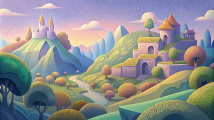 Poster - A whimsical landscape reminiscent of a childhood video game filled with blocky trees rolling hills and a quaint village.
