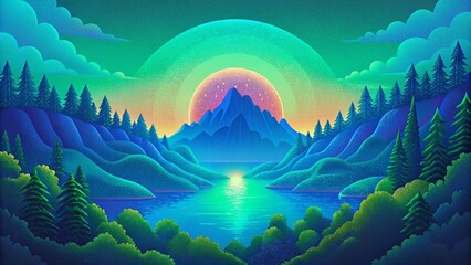 Poster - A pixelated paradise showcasing a lush green forest shimmering blue water and a radiant sunset in a unique digital form.