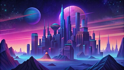 Poster - A futuristic landscape with towering skyscrs bustling streets and neon lights depicted in a pixel art style for a modern twist.