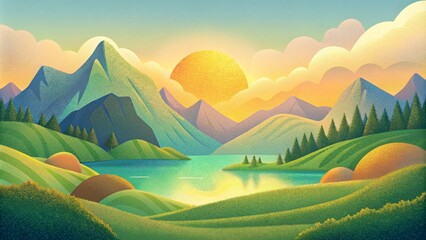 Poster - A peaceful countryside with rolling green hills a tranquil lake and a golden sun all captured through the lens of pixel art.